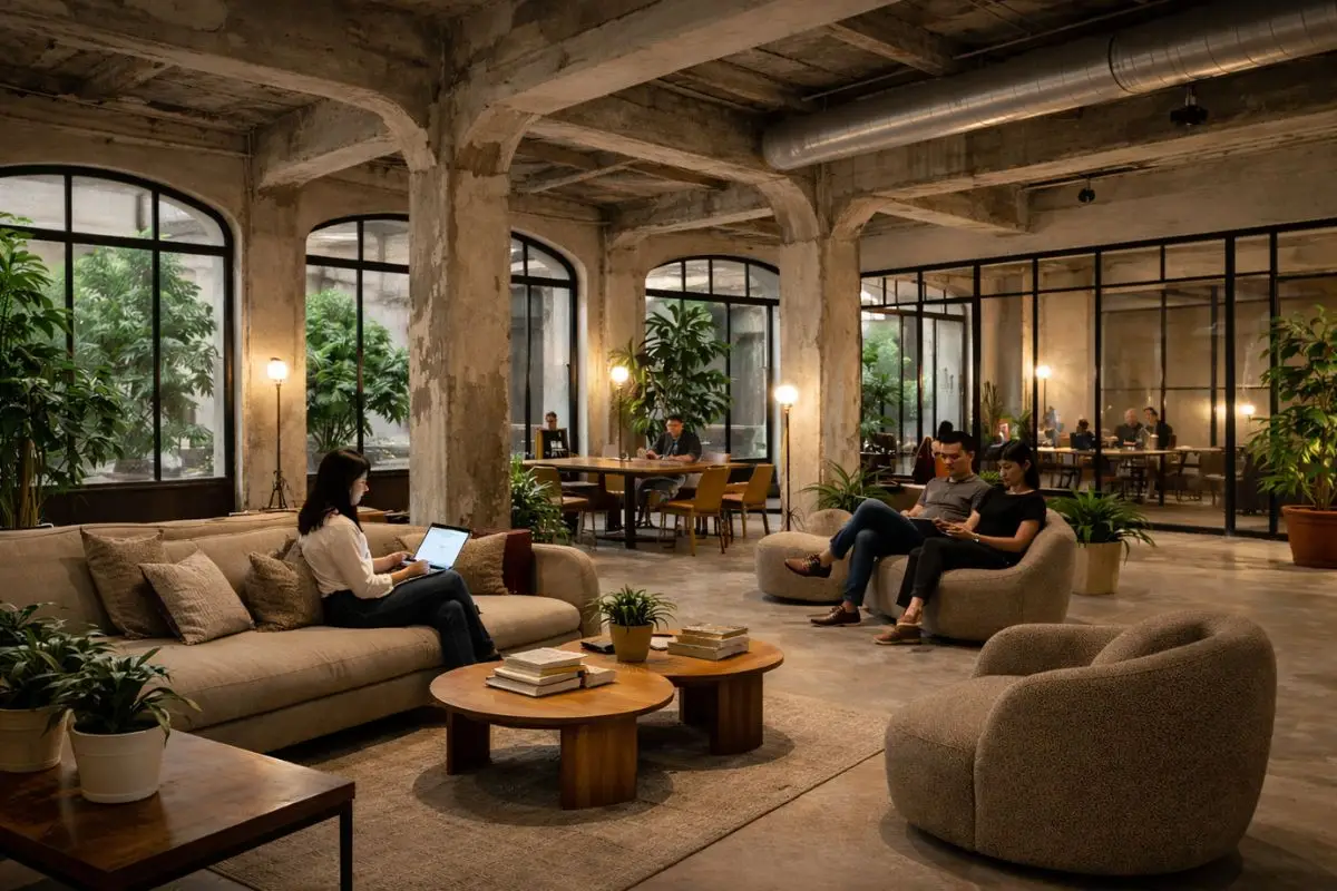 A converted commercial interior in the Philippines adapted into a modern workspace with a few people inside