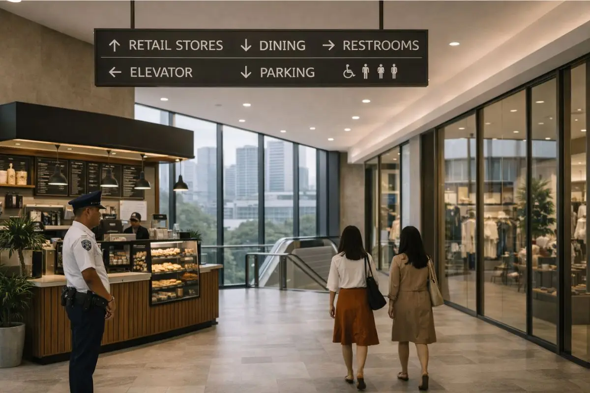 Wayfinding signage aligned with architectural elements in a commercial development in the Philippines