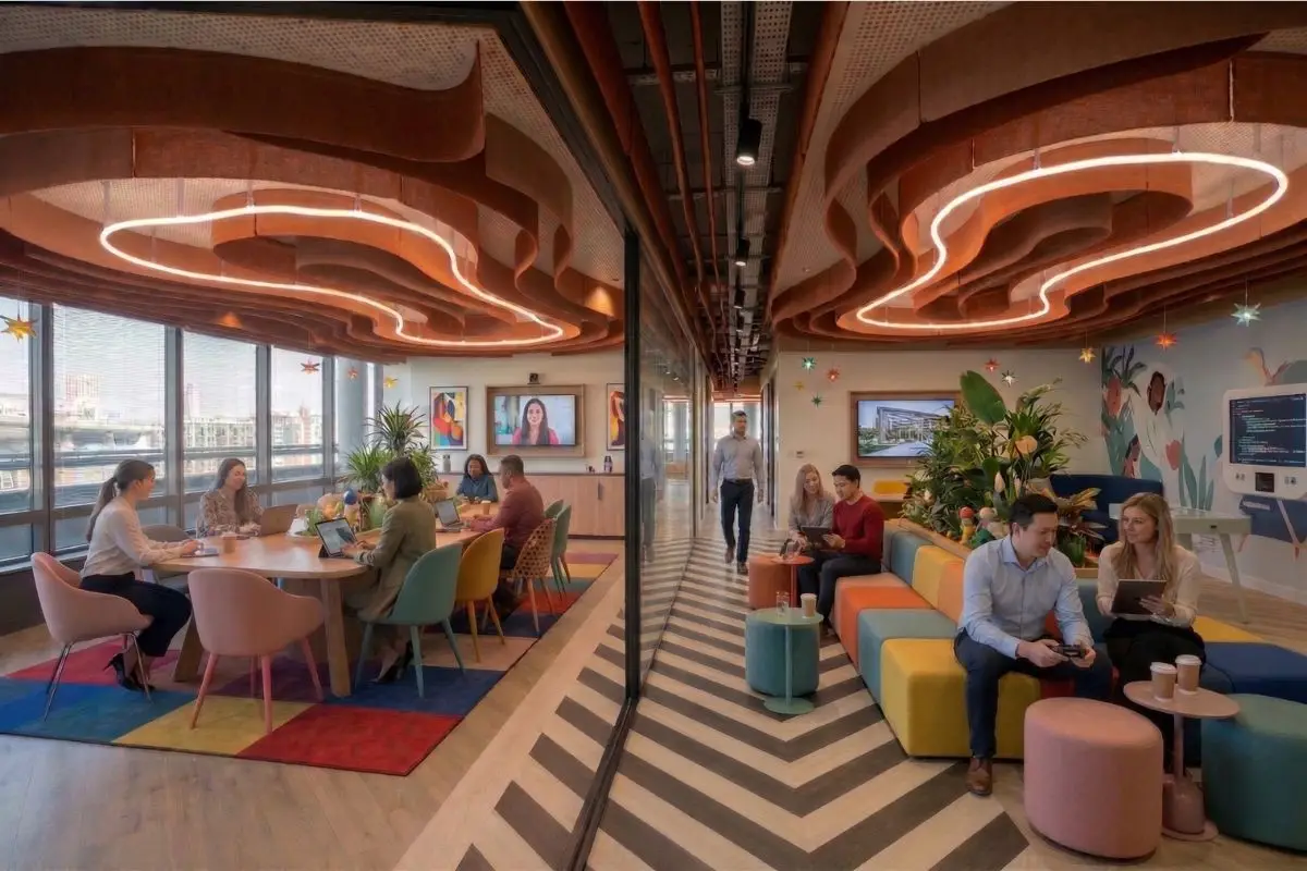 Office
interior with open, collaborative, and quiet work areas