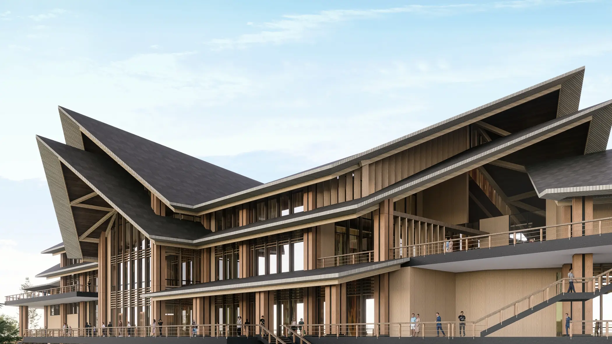 Golf clubhouse building in the Philippines with large roof
structure, wood finishes, and elevated walkways. 