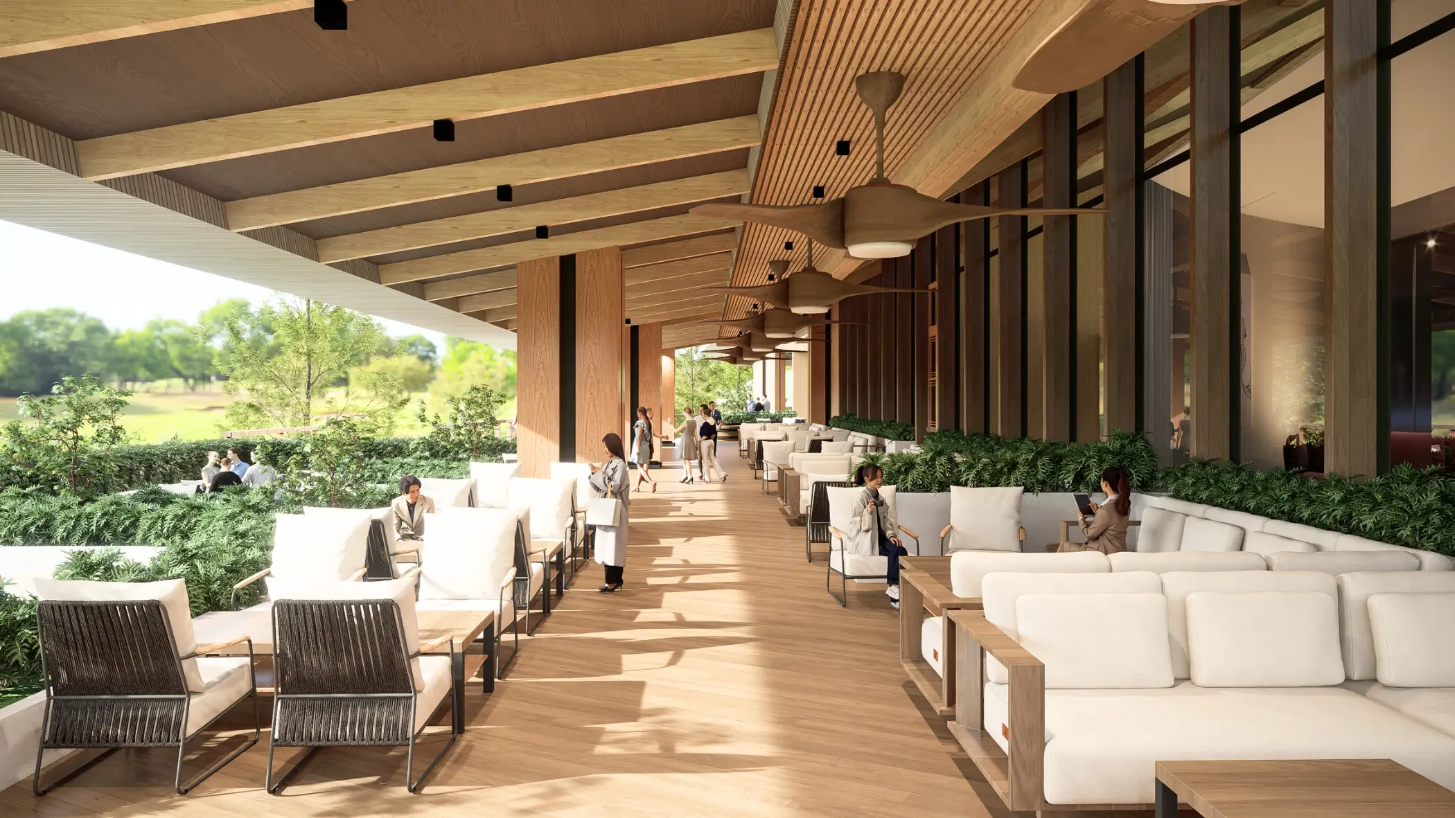 Golf clubhouse
terrace in the Philippines with seating, wooden finishes, and open views of the landscape. 