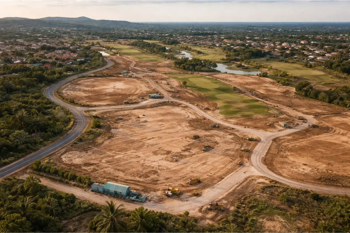 Circulation layout in a golf estate showing main roads, secondary roads, and golf cart paths.