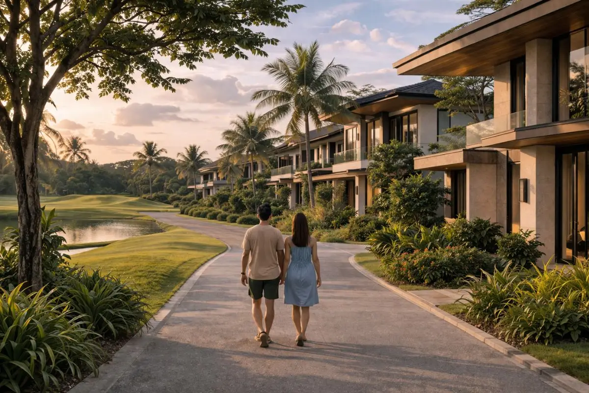 A modern house overlooking a golf fairway in the Philippines with strong landscape integration