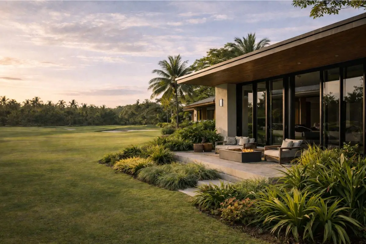 A low-density residential street beside a golf course in the Philippines with a few people walking