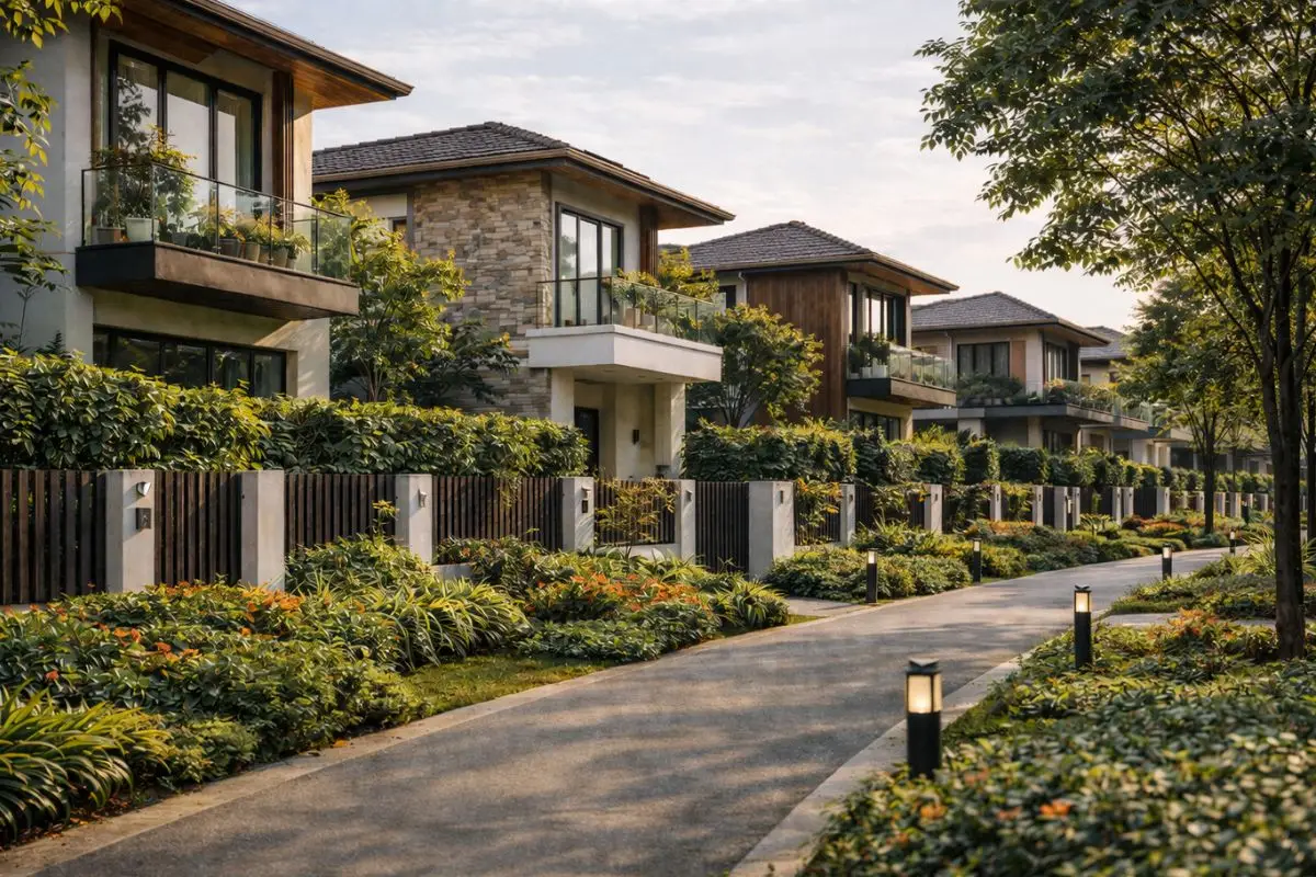 Close view of modern tropical residential architecture in luxury residential communities
Philippines with detailed façade and shading elements