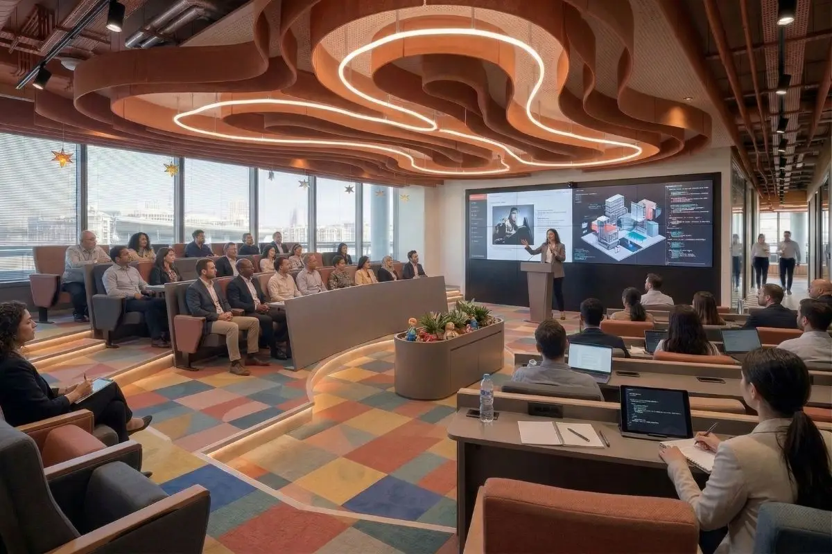 Office interior with clear pathways and
directional signage