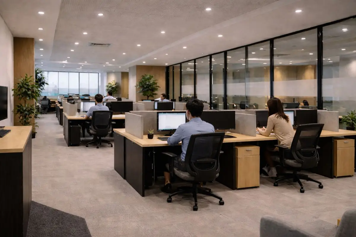 Employees working on a zoned BPO operations floor in the Philippines with ergonomic desks and controlled lighting