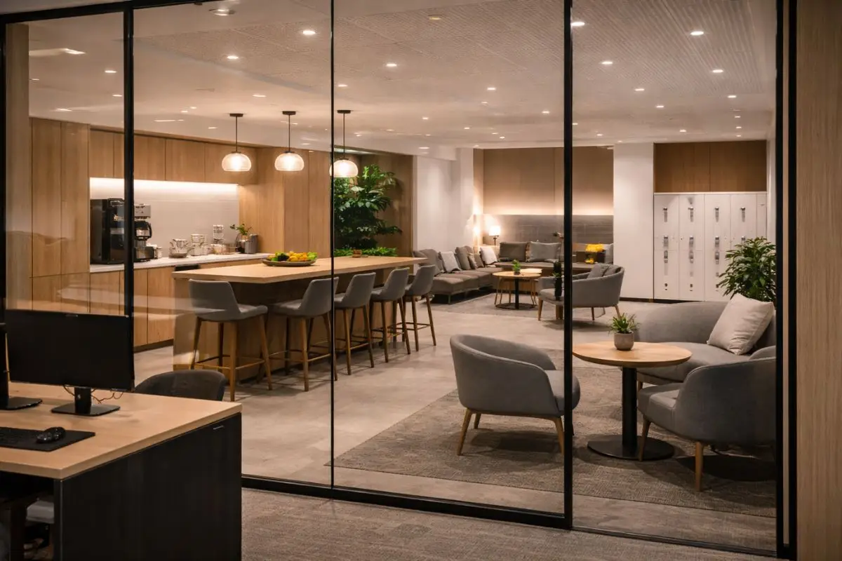 A support area in a Philippine BPO office with lounge seating, pantry space, and rest-focused amenities