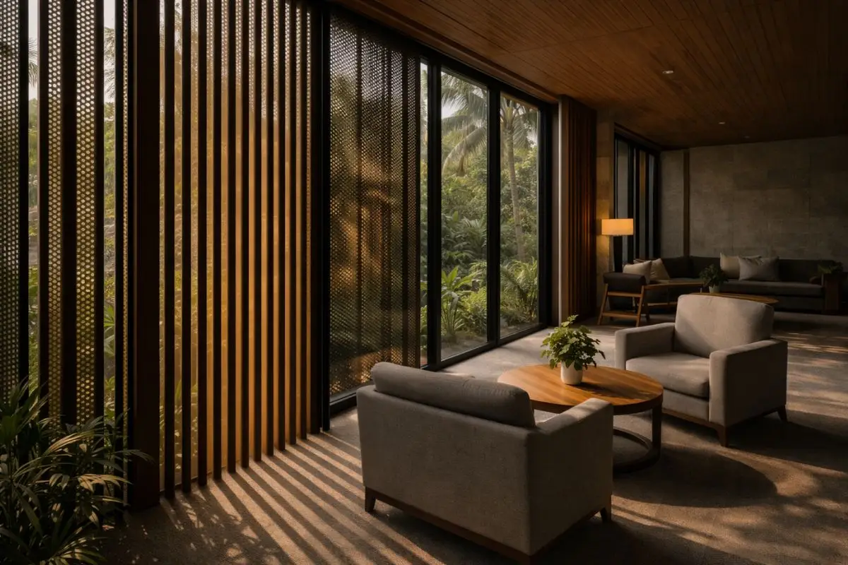 Close-up of façade shading devices in a commercial building in the Philippines designed for tropical climate