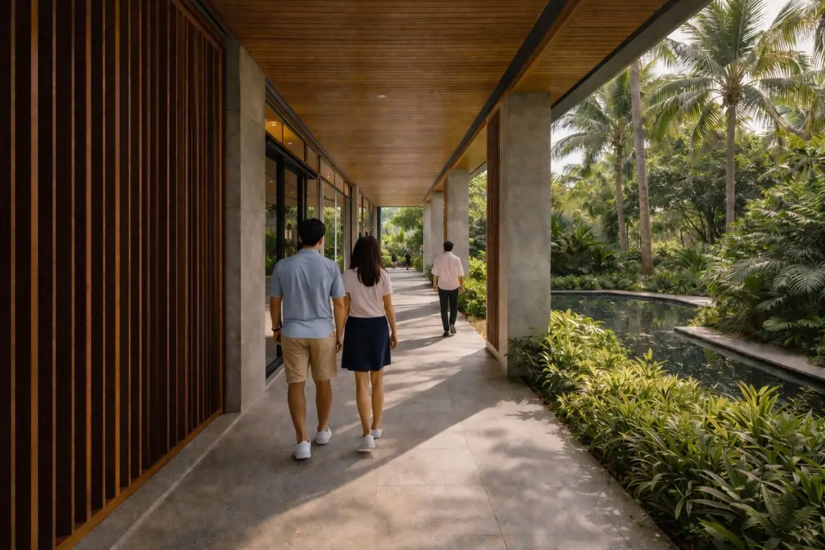 A shaded commercial corridor in the Philippines with natural ventilation and a few people walking comfortably