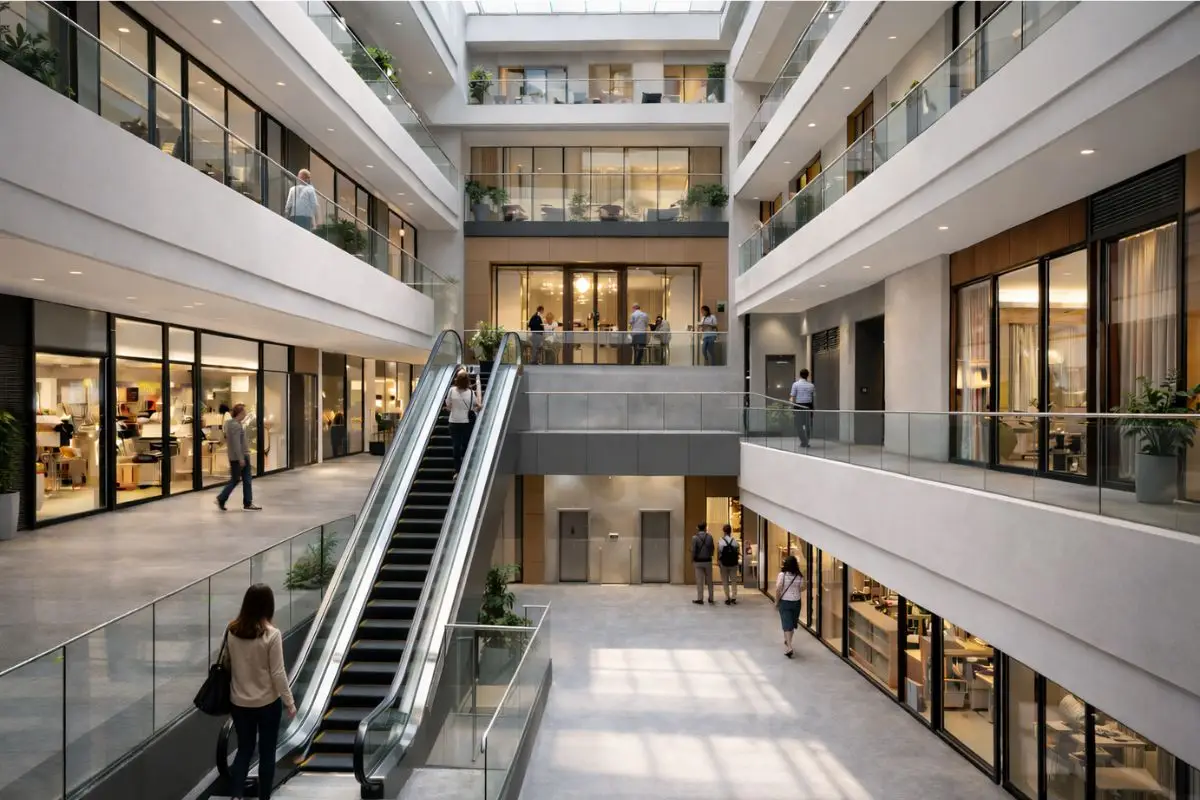 Atrium showing vertical integration of retail and office spaces