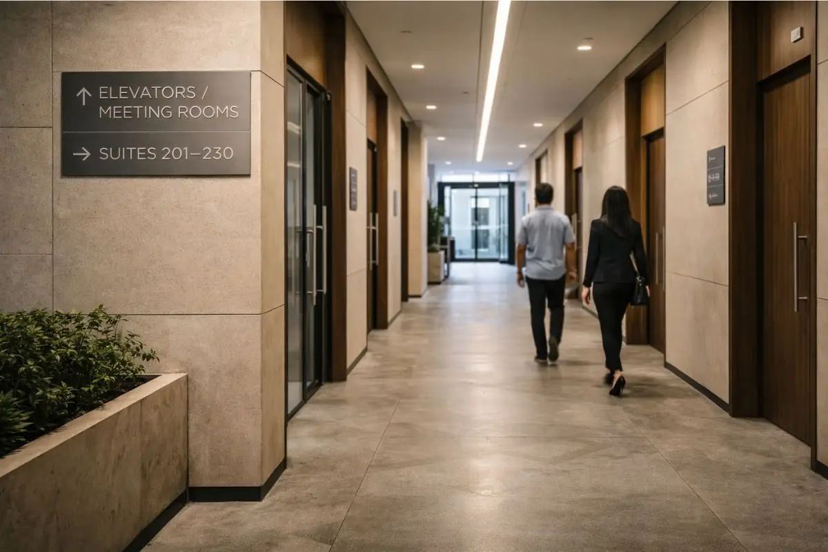 Office interior with aligned circulation paths and subtle wayfinding in Metro Manila