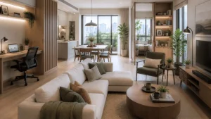 Flexible contemporary residential interior with integrated work and living spaces in Metro Manila.