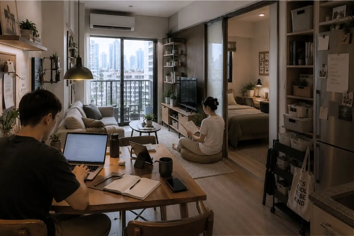 Compact Metro Manila condominium interior designed for flexible work, living, and everyday residential use.