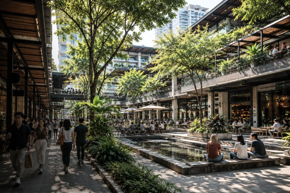 Contemporary mixed-use commercial frontage with shaded walkways and tropical landscaping