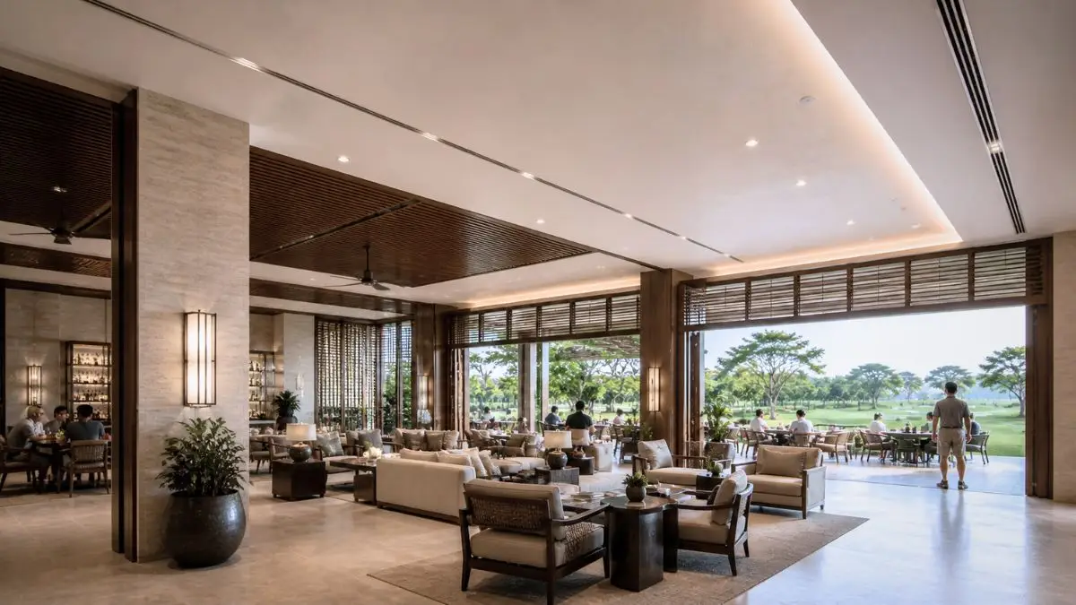 Photorealistic interior of a contemporary golf clubhouse lounge in the Philippines with open layout, natural materials, and indoor-outdoor connection