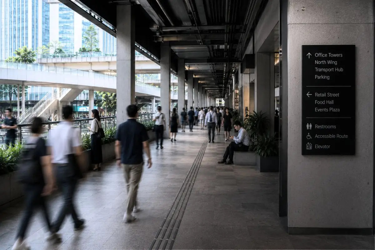 Urban pedestrian connector with integrated signage and circulation systems designed by an EGD architect in the Philippines