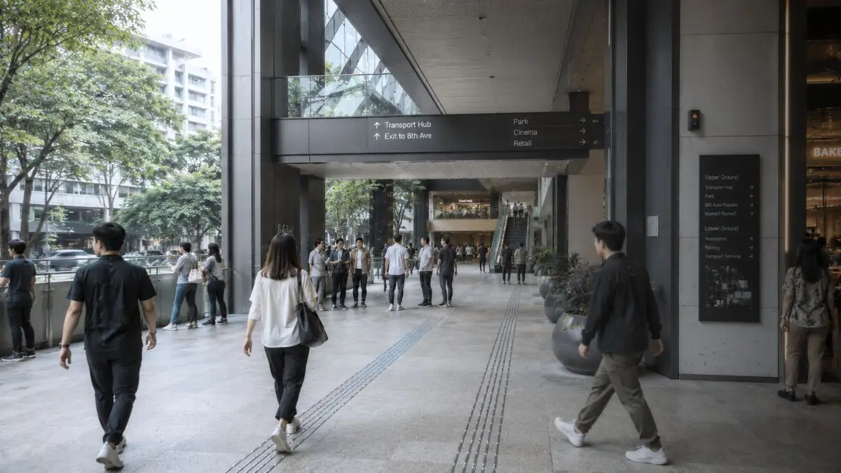 Contemporary mixed-use circulation corridor with integrated wayfinding systems and pedestrian movement demonstrating Environmental Graphic Design in the Philippines