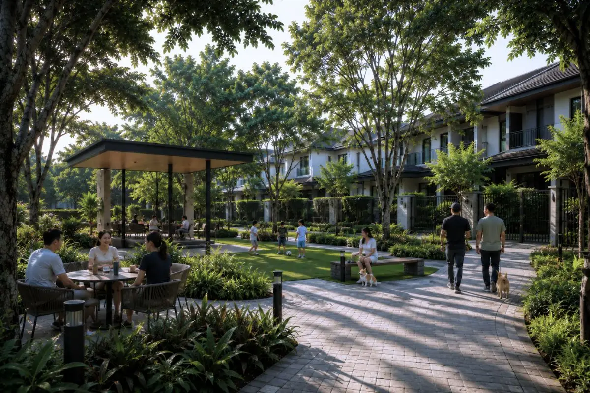 Shared landscaped community space inside a high-end residential subdivision in Metro Manila.
