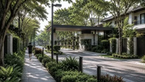 Tree-lined upscale residential street inside a high-end tropical subdivision in Metro Manila.