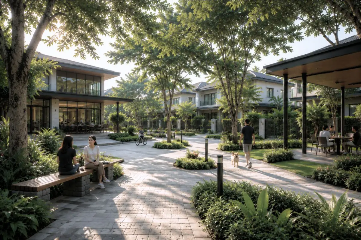Landscaped residential entry sequence inside a high-end subdivision in Metro Manila.