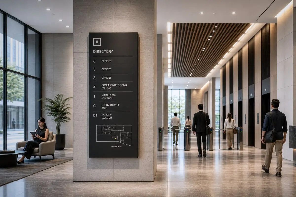 Photorealistic corridor inside a high-rise building in the Philippines showing directional signage and clear circulation path