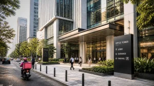 Photorealistic lobby of a high-rise building in the Philippines with integrated directory board and architectural wayfinding system