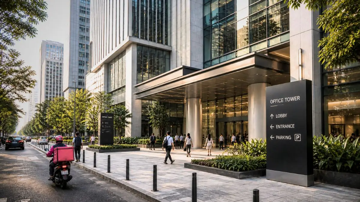 Photorealistic lobby of a high-rise building in the Philippines with integrated directory board and architectural wayfinding system