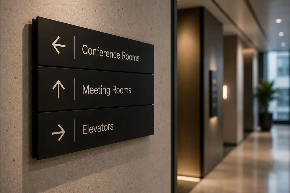 Close-up of wayfinding signage in a high-rise building in the Philippines showing directions to conference rooms, meeting rooms, and elevators
