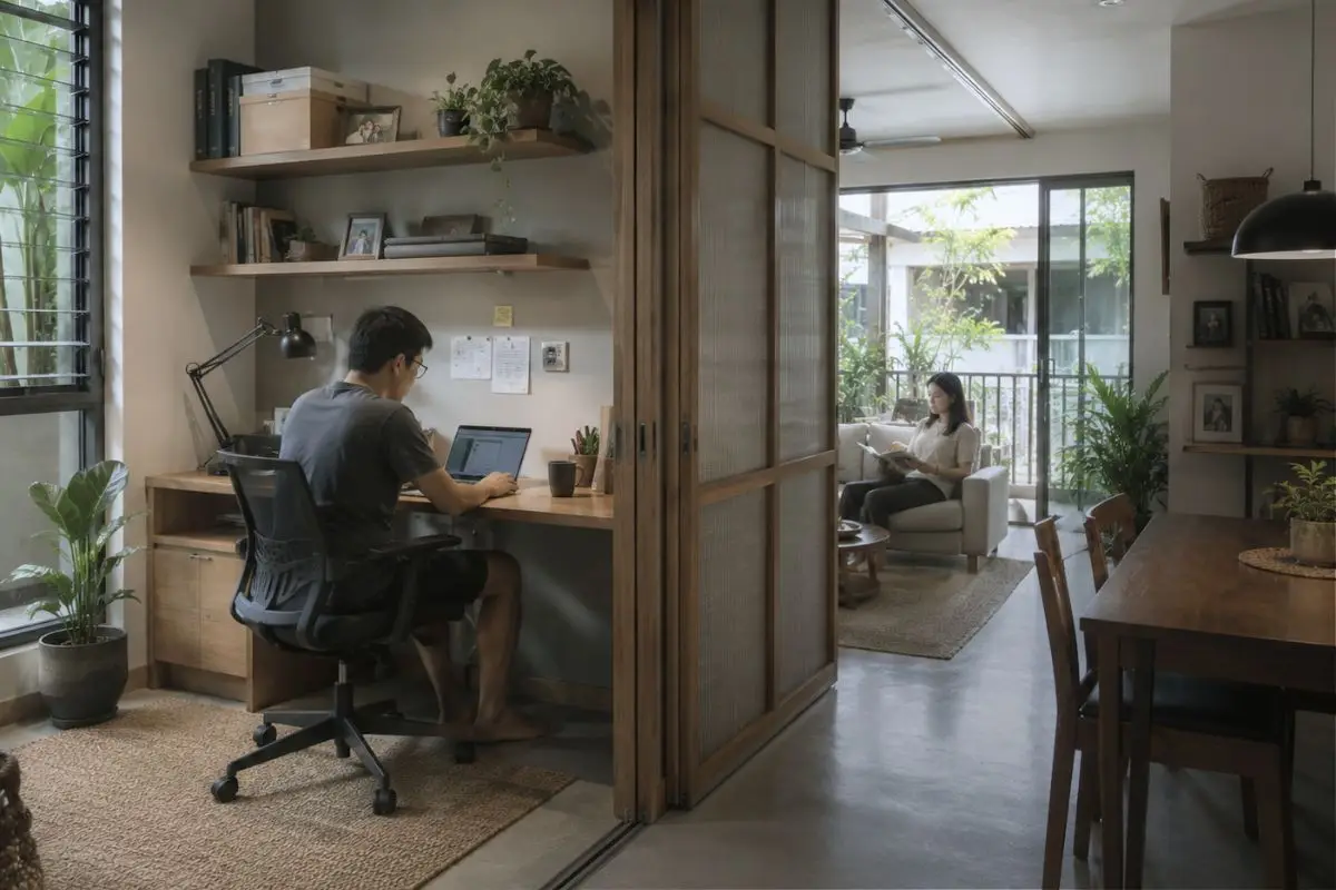Compact home workspace integrated into a modern Filipino home with flexible partitions and natural daylight