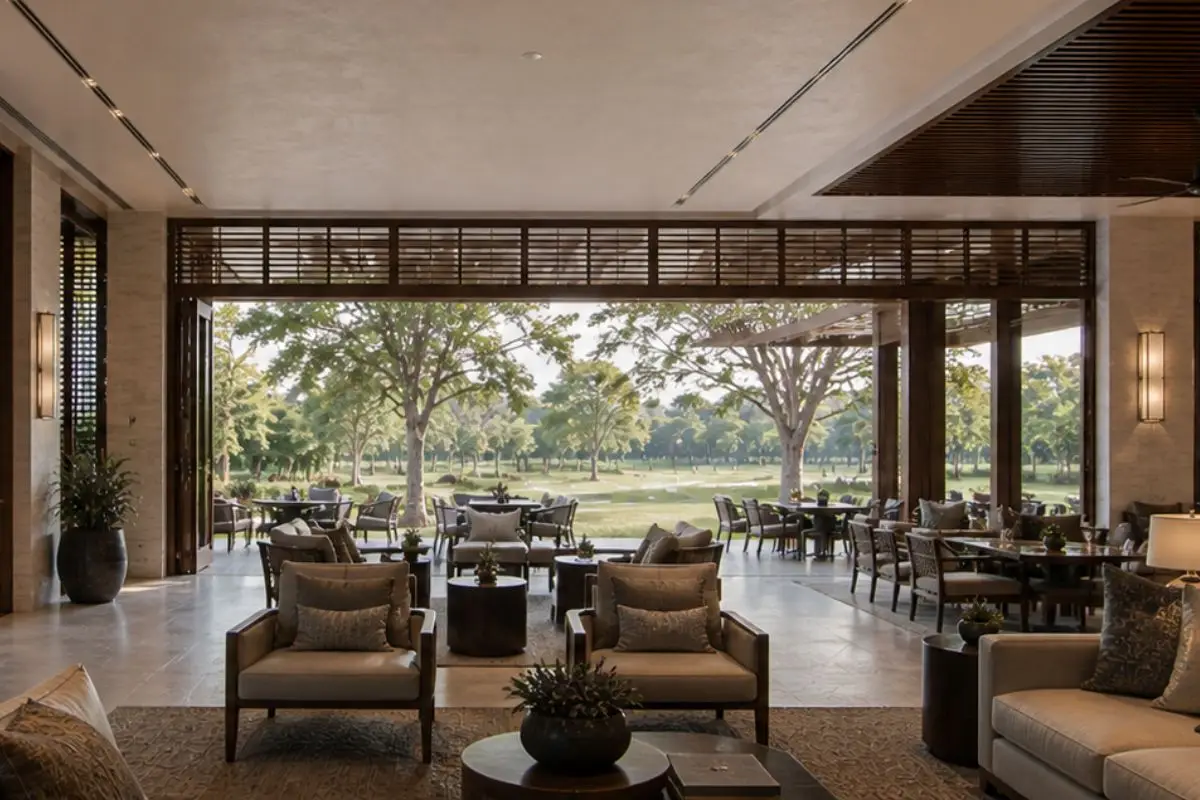 Interior of a contemporary clubhouse in the Philippines showing integrated ceiling lighting and ventilation systems within architectural design