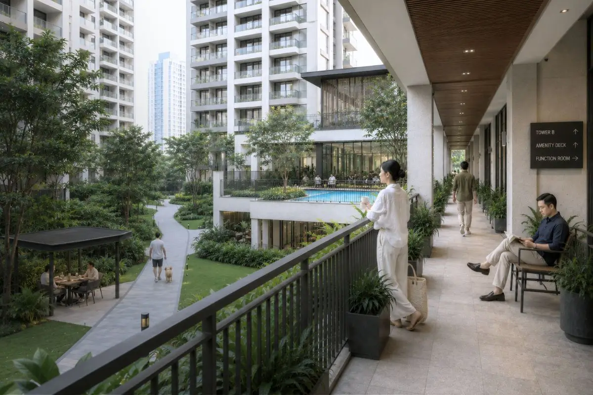 Elevated residential circulation corridor overlooking landscaped podium amenities in a modern Philippine development