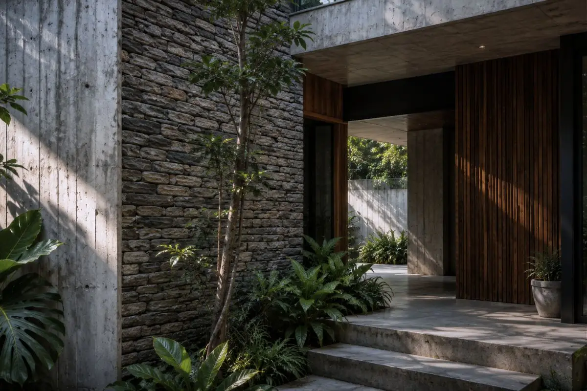 Close architectural view of exposed concrete, stone, timber, and shadow within a contemporary brutalist residence in the Philippines