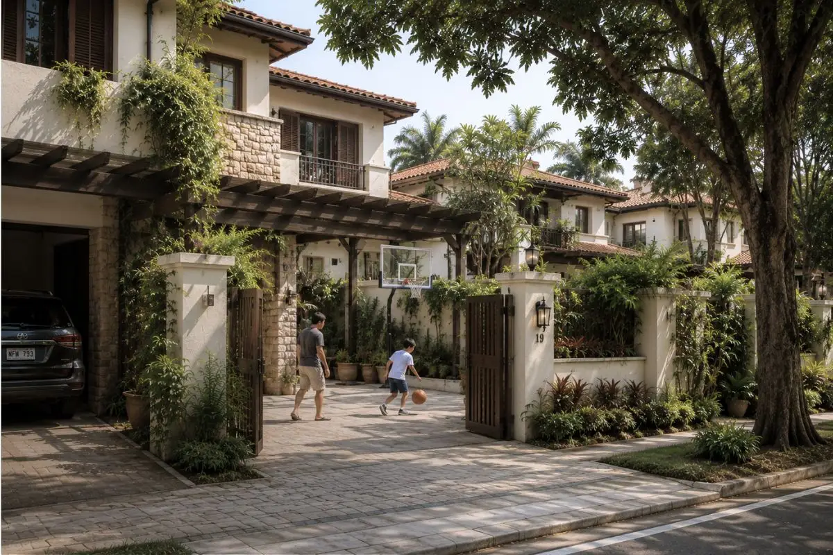 Modern tropical suburban residence with Mediterranean Spanish influences and family activity in a southern Metro Manila neighborhood.