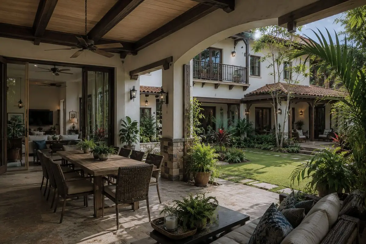Covered lanai and courtyard space in a Mediterranean Spanish-inspired suburban residence in Metro Manila.