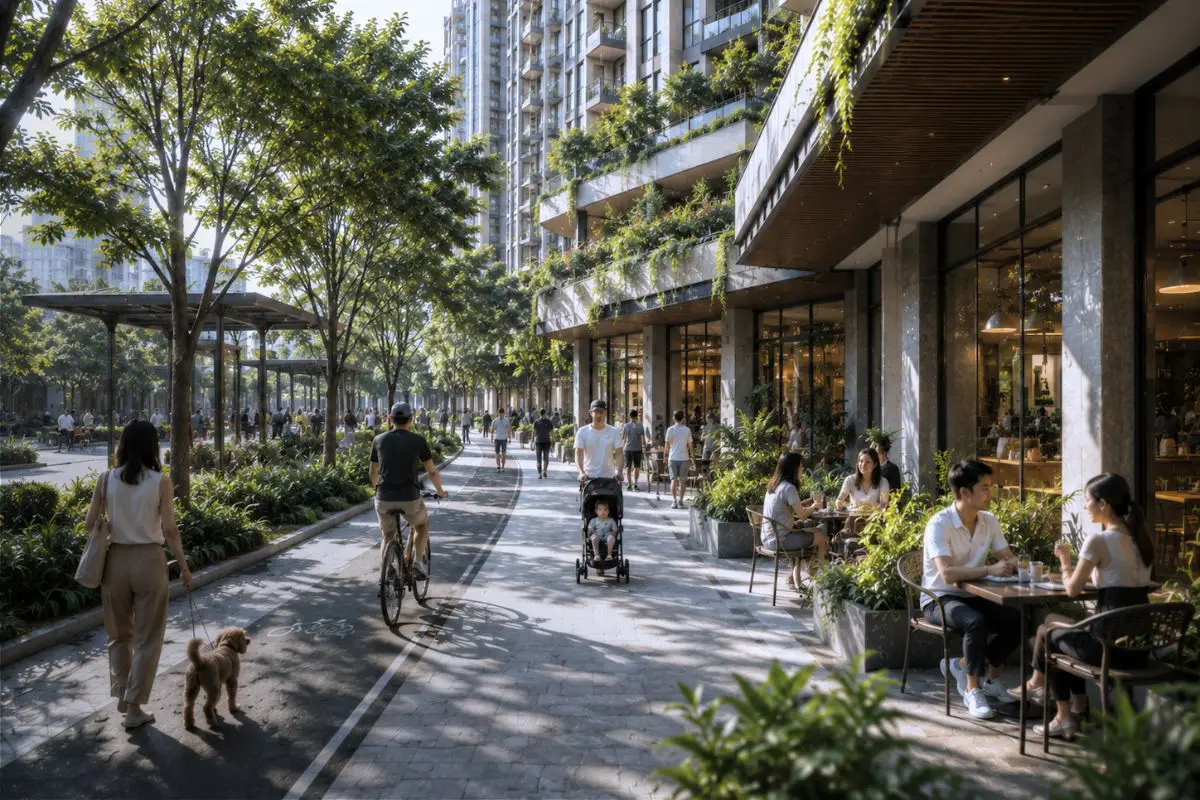 Tree-lined mixed-use residential promenade with cyclists, pedestrians, retail activity, and integrated public space in an urban development