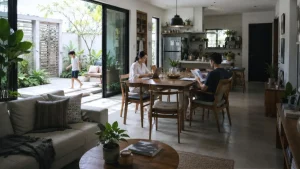 Open-plan modern Filipino home with adaptable living spaces, hybrid work setup, and indoor-outdoor tropical design