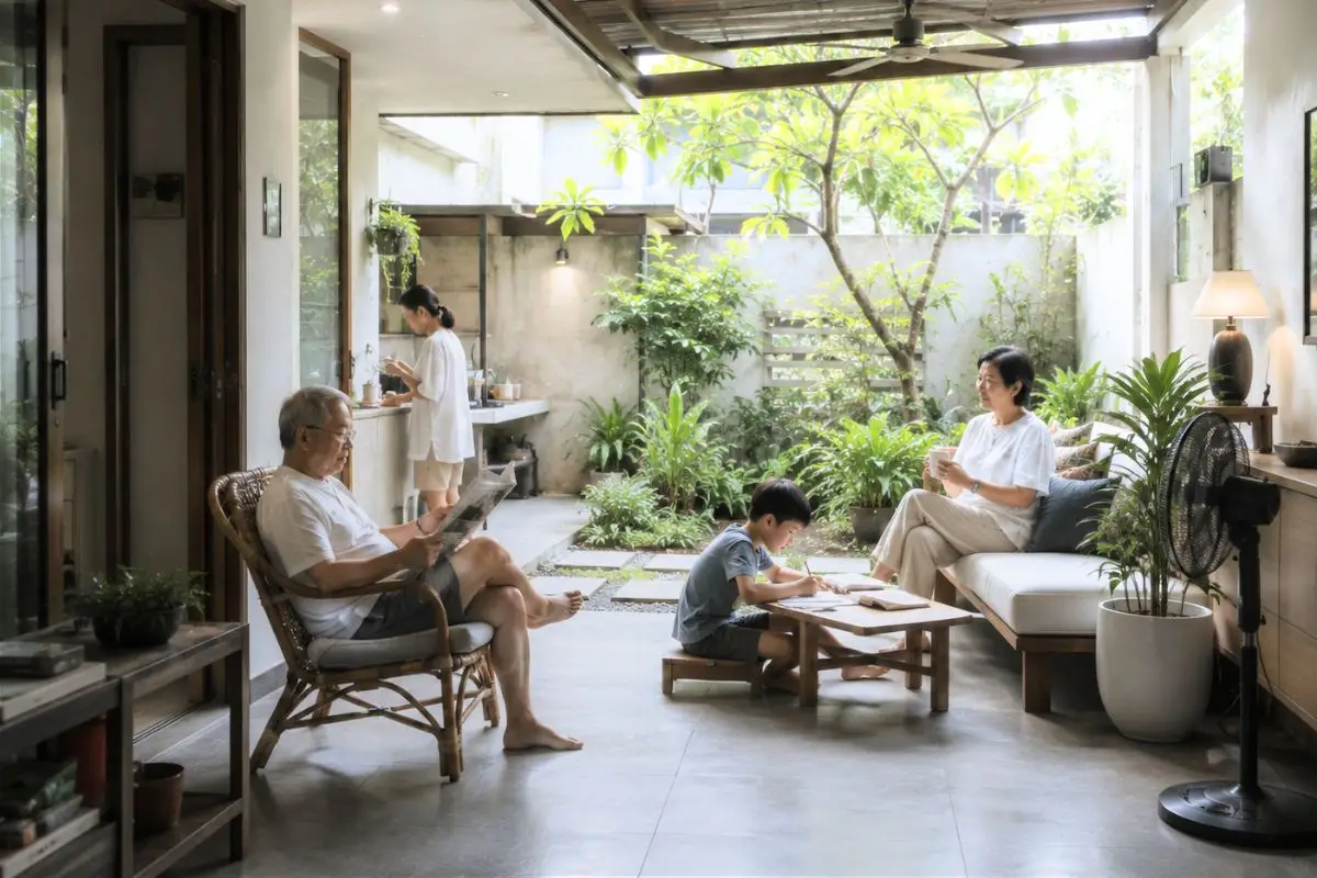 Semi-outdoor family living space in a modern Filipino home designed for multi-generational flexibility and tropical comfort