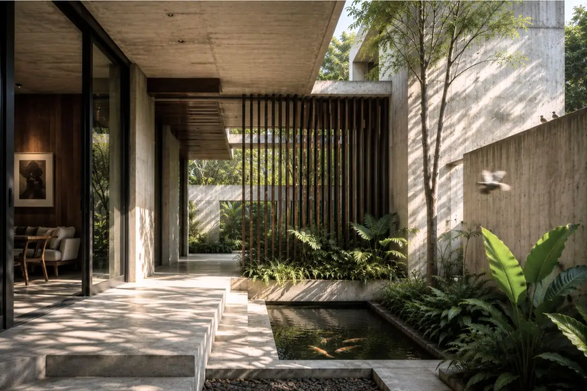 Contemporary tropical brutalist residence with screened facades, shaded courtyard, koi pond, and layered architectural transitions