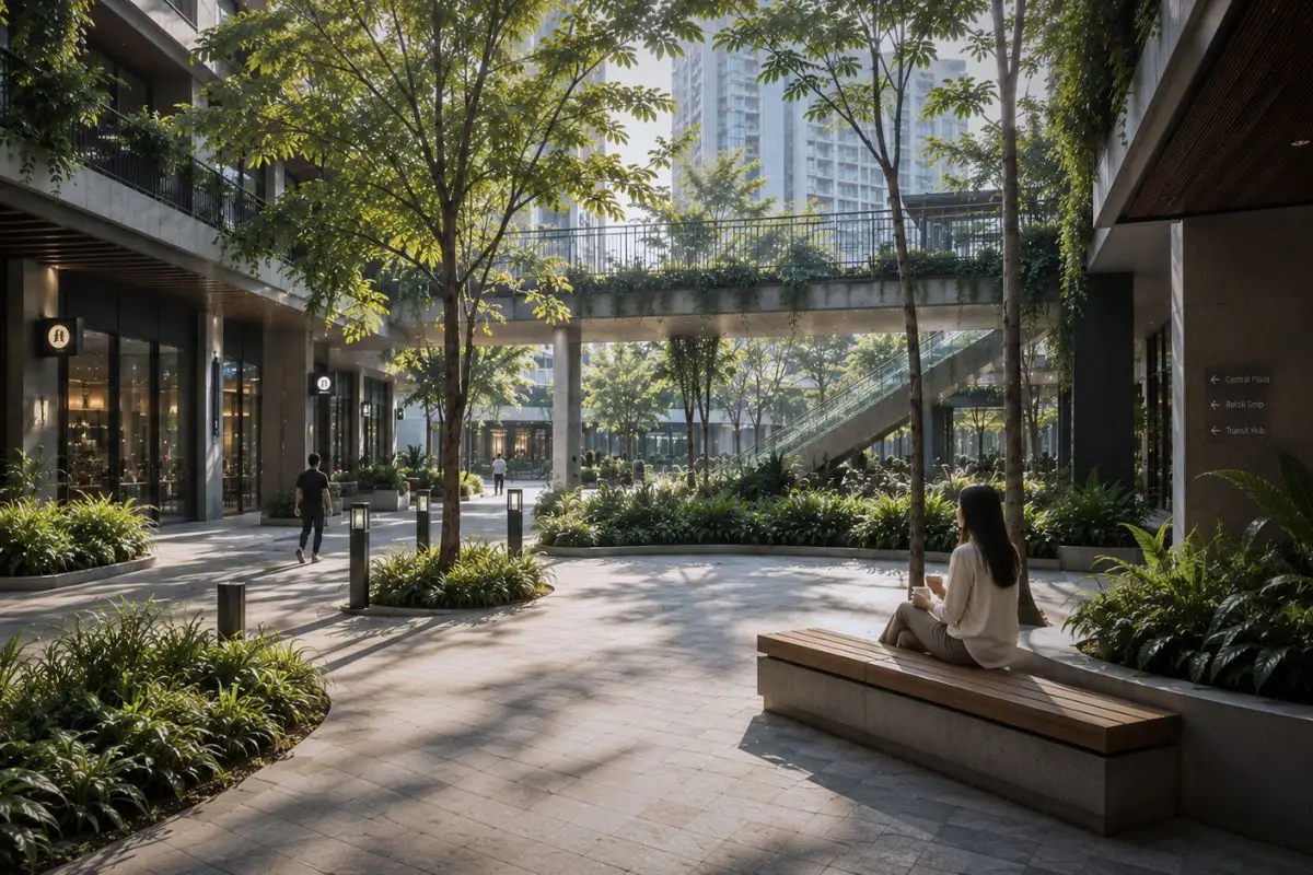 Shared courtyard space within a contemporary township development designed to support intuitive orientation and comfortable pedestrian movement