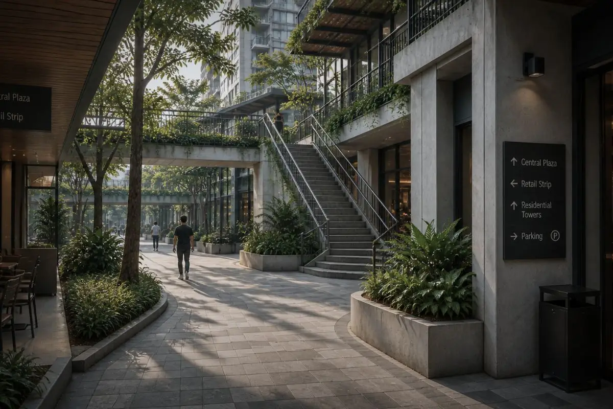 Pedestrian circulation spaces within a mixed-use township development showing integrated wayfinding through architecture and spatial organization