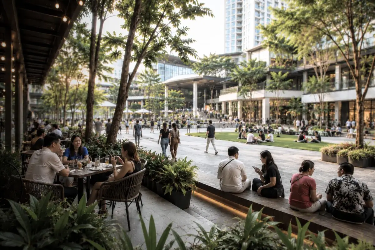 Pedestrian circulation corridor inside a mixed-use township district in Metro Manila.