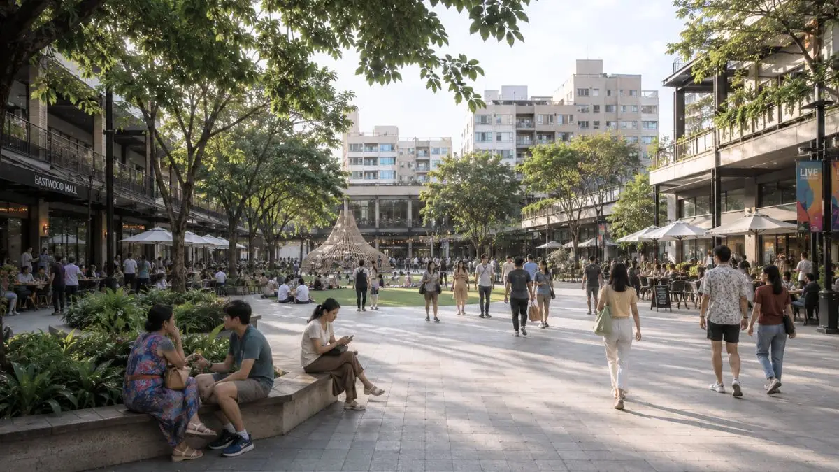Contemporary mixed-use township courtyard with walkable public spaces in Metro Manila.
