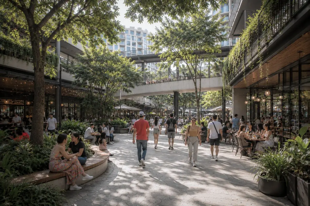 Landscaped public plaza inside a contemporary mixed-use township district in Metro Manila.