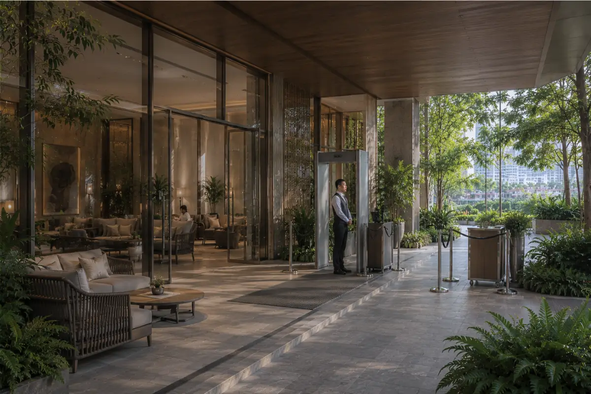 Semi-open condominium lobby and arrival area with tropical landscaping and hospitality-inspired design elements.