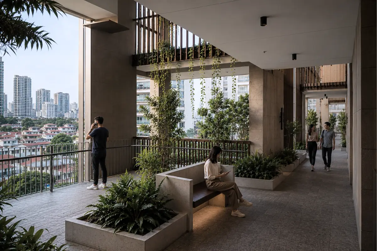 Semi-open residential corridor with tropical planting and climate-responsive circulation in a Metro Manila condominium development.