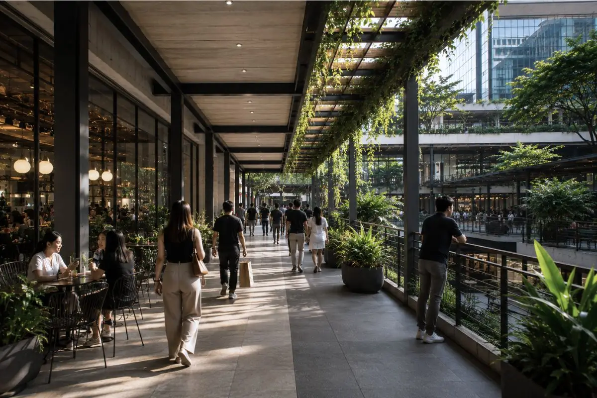 Semi-open commercial walkway with tropical planting and layered pedestrian circulation