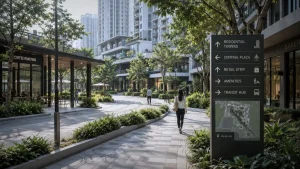 Contemporary mixed-use township development in the Philippines showing integrated wayfinding systems, pedestrian circulation, and layered urban spaces