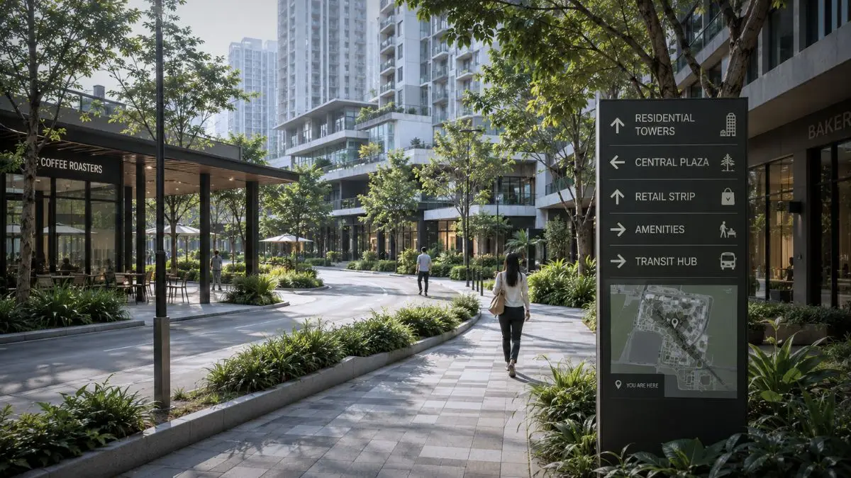 Contemporary mixed-use township development in the Philippines showing integrated wayfinding systems, pedestrian circulation, and layered urban spaces