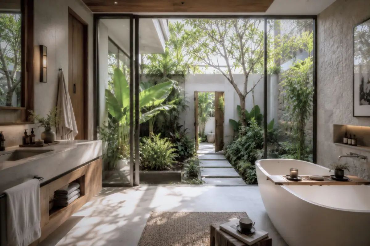 Spa-inspired tropical residential bathroom connected to a landscaped private courtyard